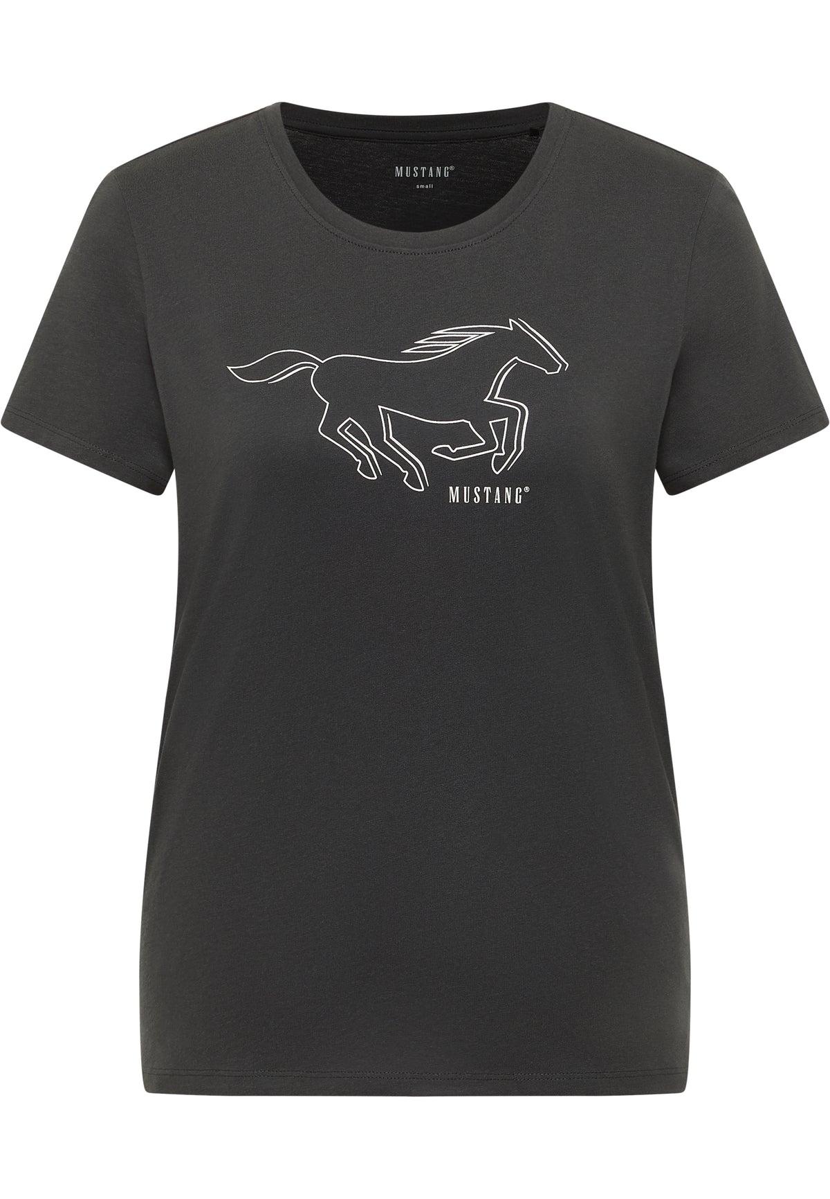 Tricou Alma negru, față, imprimeu mare cu silueta unui cal în galop și textul „Mustang”