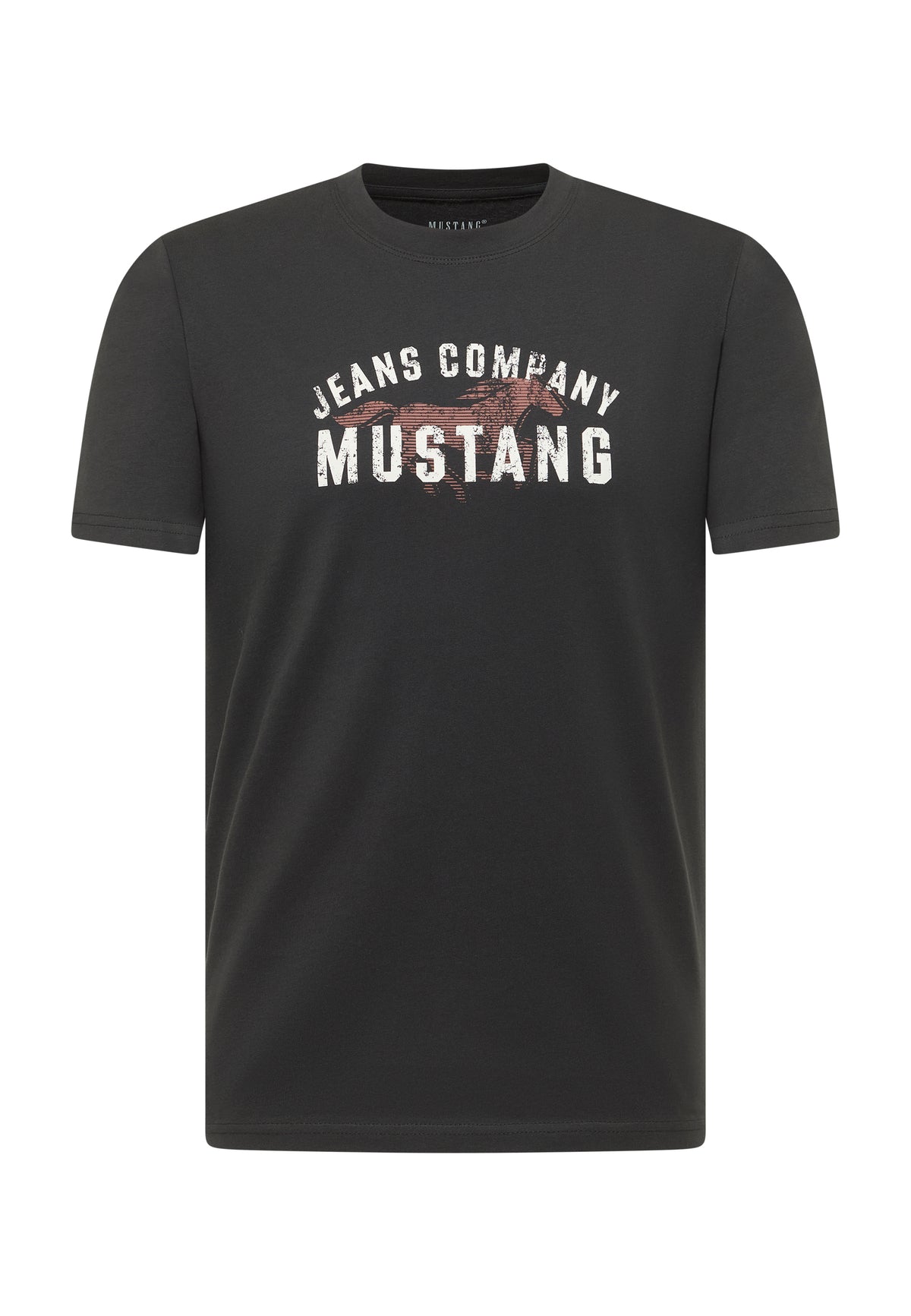 Tricou Austin negru, față, imprimeu „Jeans Company Mustang” cu silueta unui cal în nuanțe de teracotă