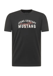 Tricou Austin negru, față, imprimeu „Jeans Company Mustang” cu silueta unui cal în nuanțe de teracotă