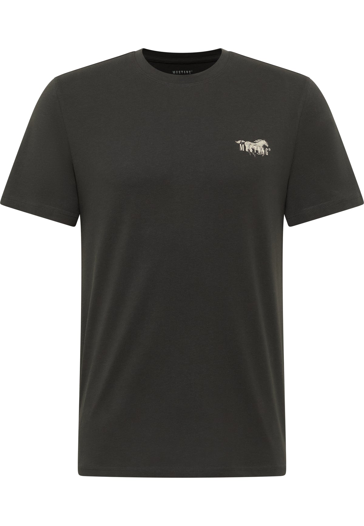 Tricou Austin negru, față, plan general, imprimeu mic cu siluetă de cal și textul Mustang pe piept