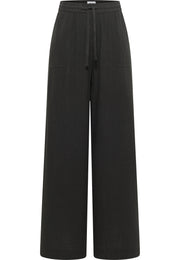 Pantaloni Largi Lacey negru, față, talie elastică cu șnur și buzunare oblice