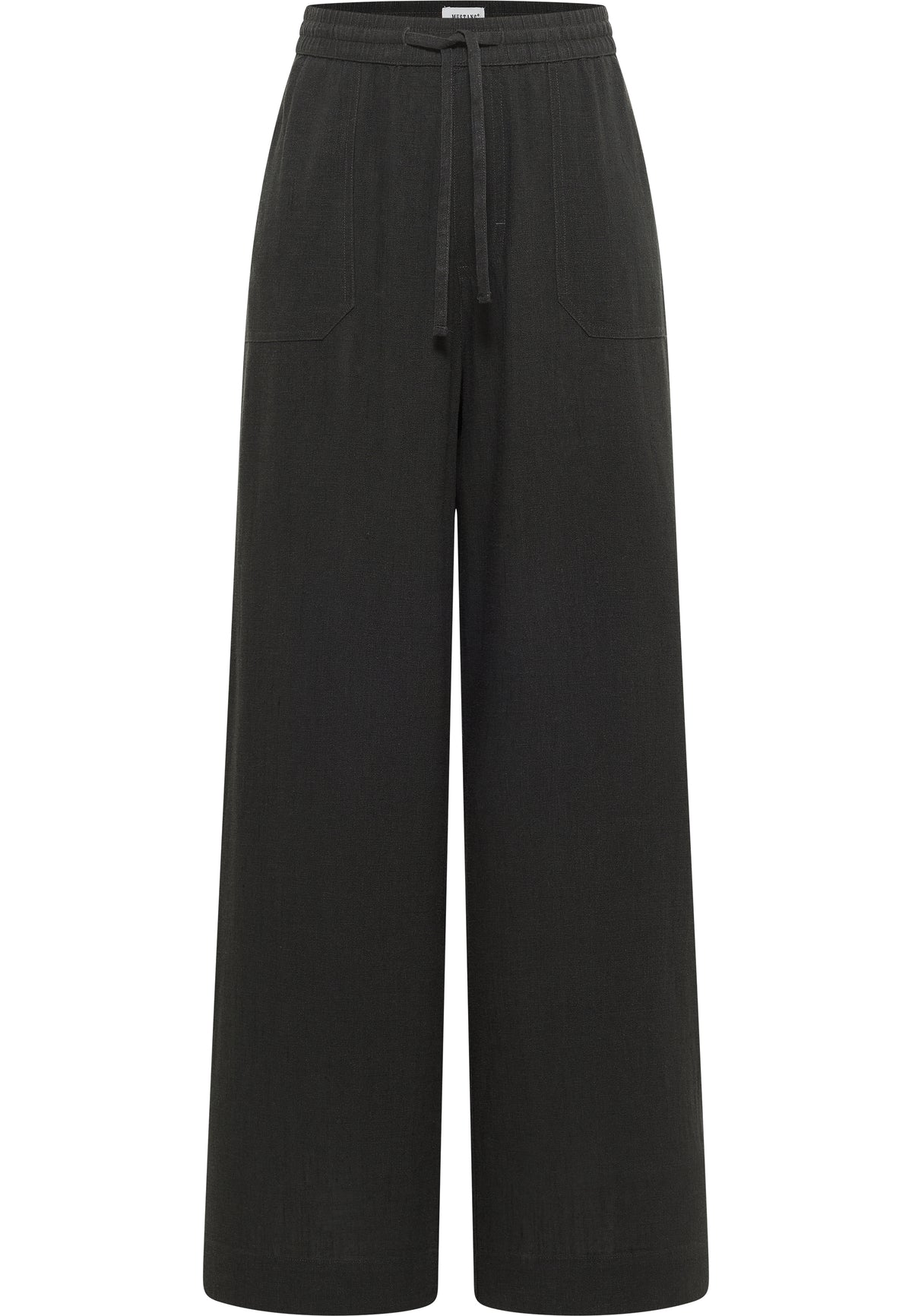 Pantaloni Largi Lacey negru, față, talie elastică cu șnur și buzunare oblice