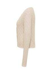 Cardigan Dorothy bej, lateral, tricotaj ajurat cu romburi vizibil din profil