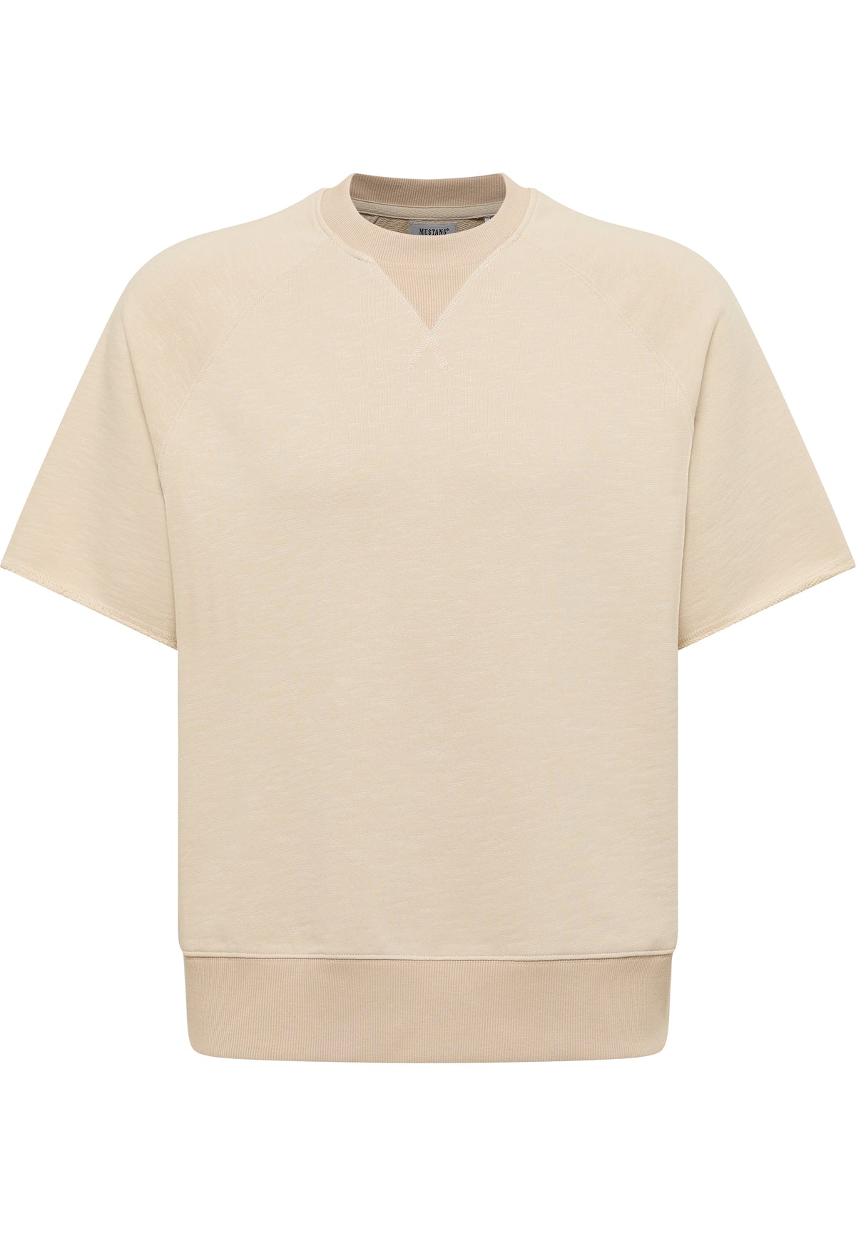 Tricou Rogers bej, față, guler rotund cu inserție la bază, mâneci raglan, tiv elastic la bază