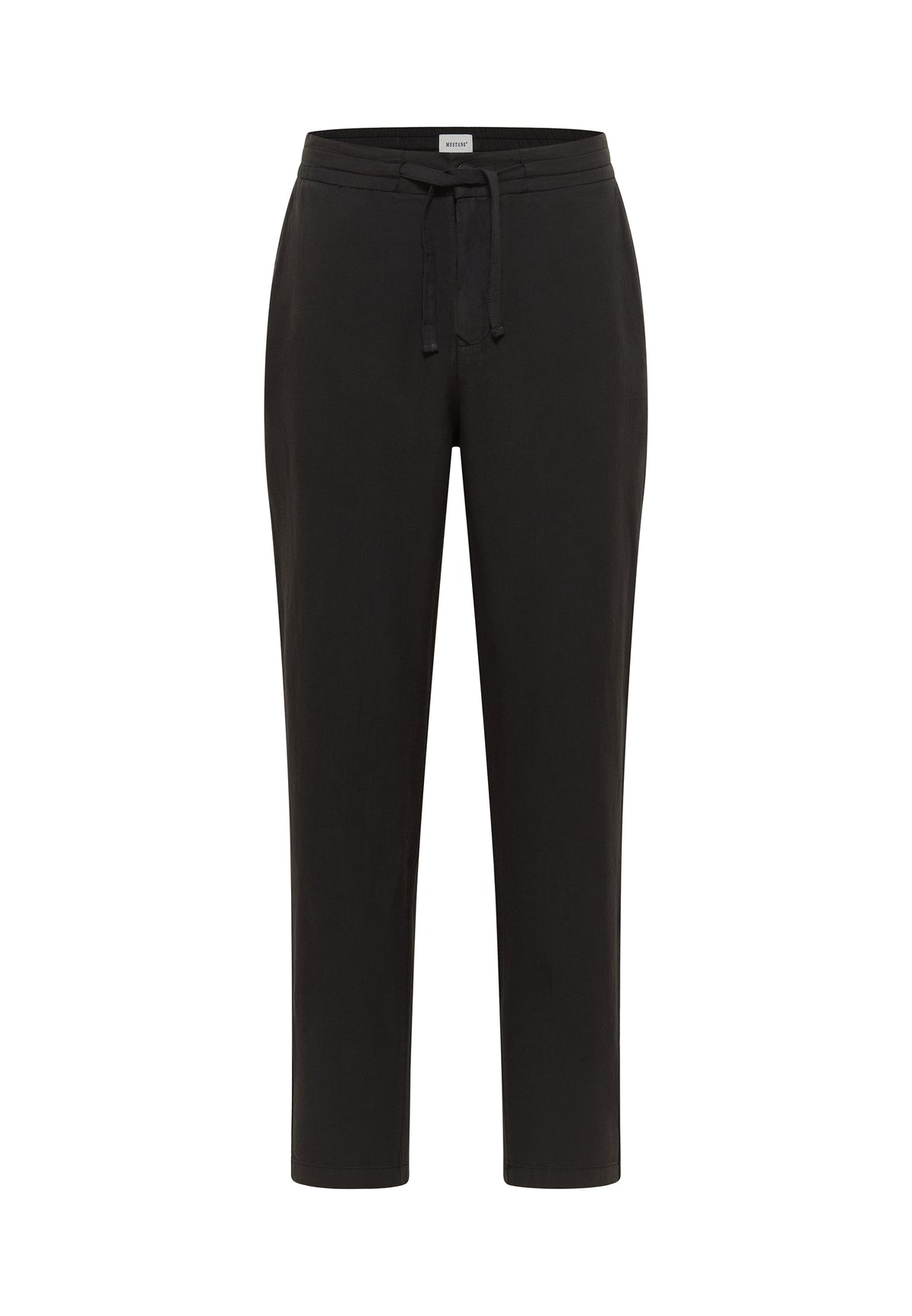 Pantaloni Milano Linen Jogger negru, față, betelie elastică cu șnur de ajustare