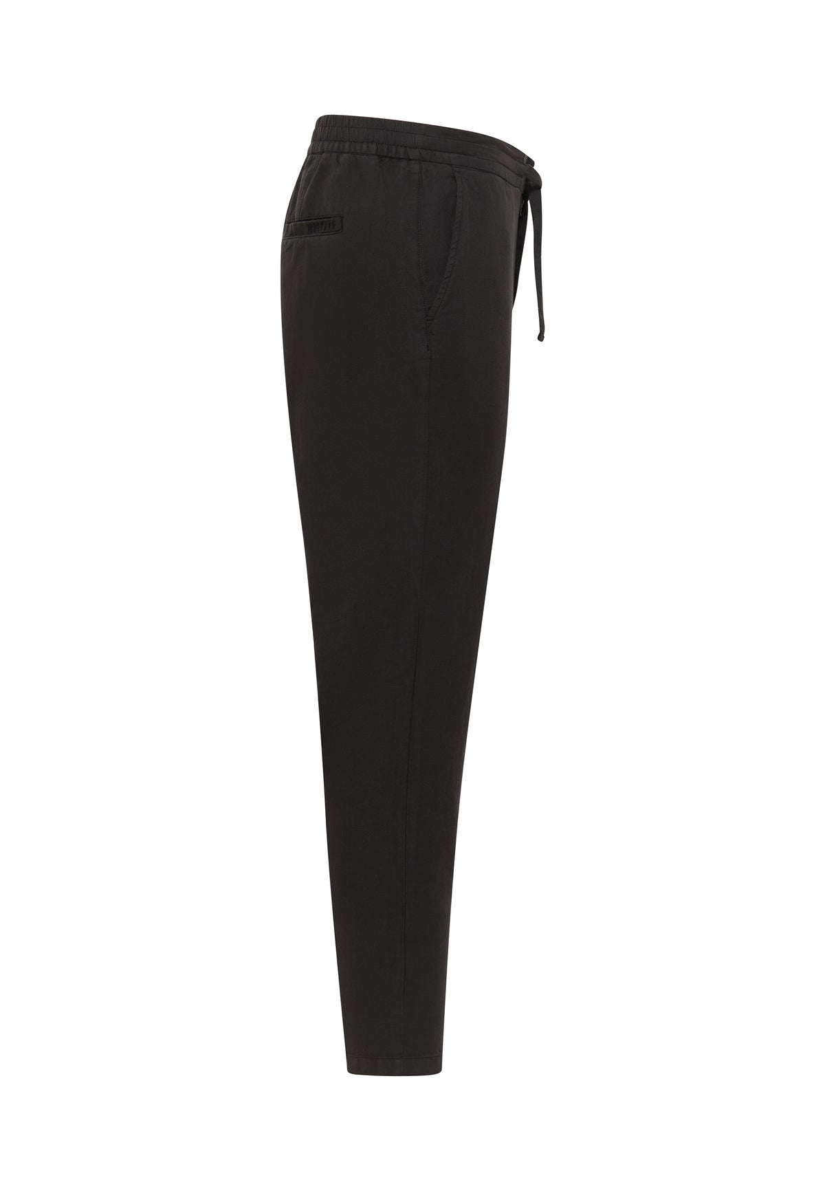 Pantaloni Milano Linen Jogger negru, lateral, buzunar oblic și șnur de ajustare la betelie