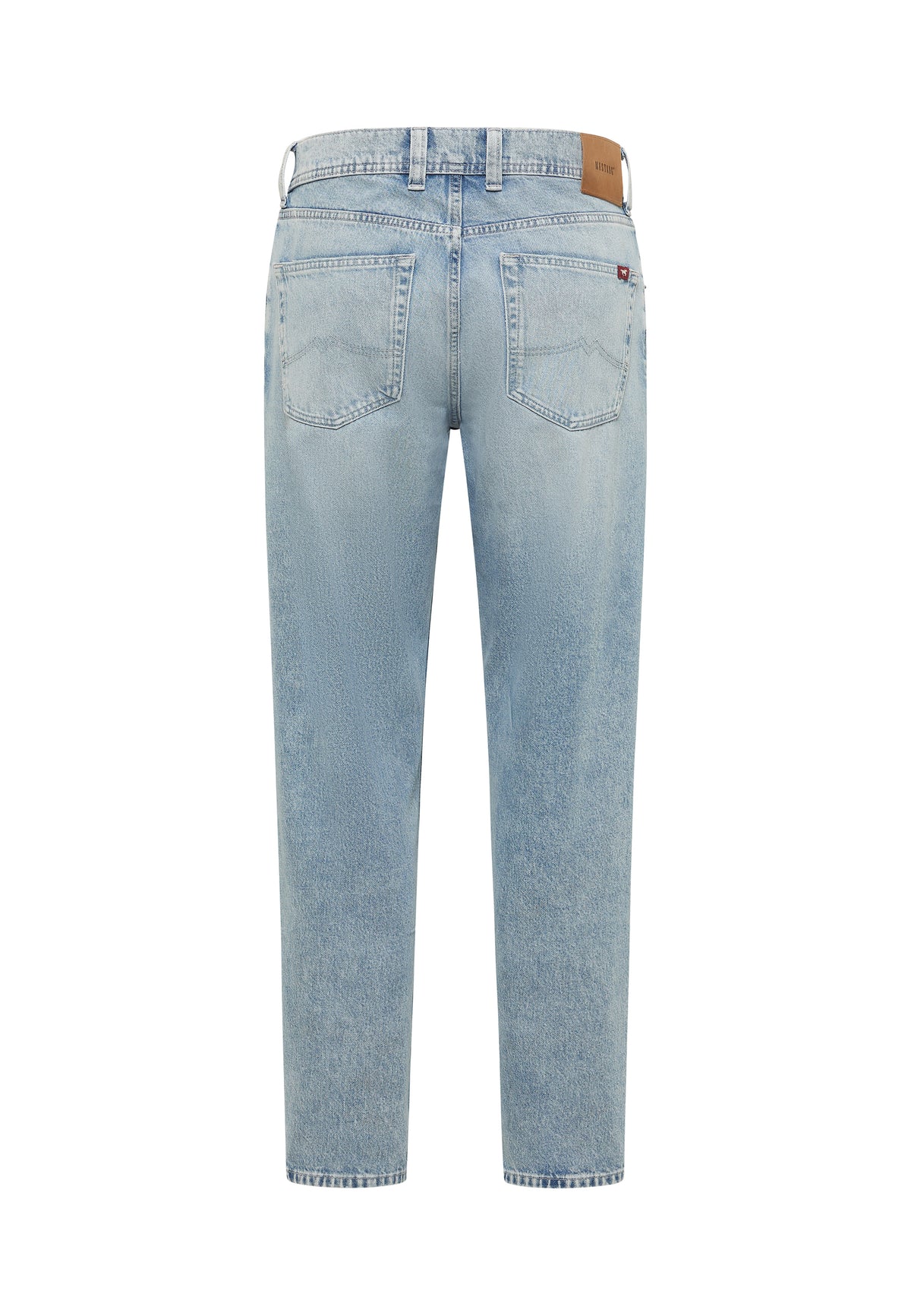 Blugi Conici Denver albastru deschis, spate, fotografiați pe suport, inel pe betelie