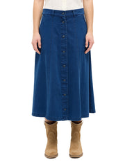 Fustă Largă Ally Denim albastru, față, purtată pe model, croială midi evazată tip clopot