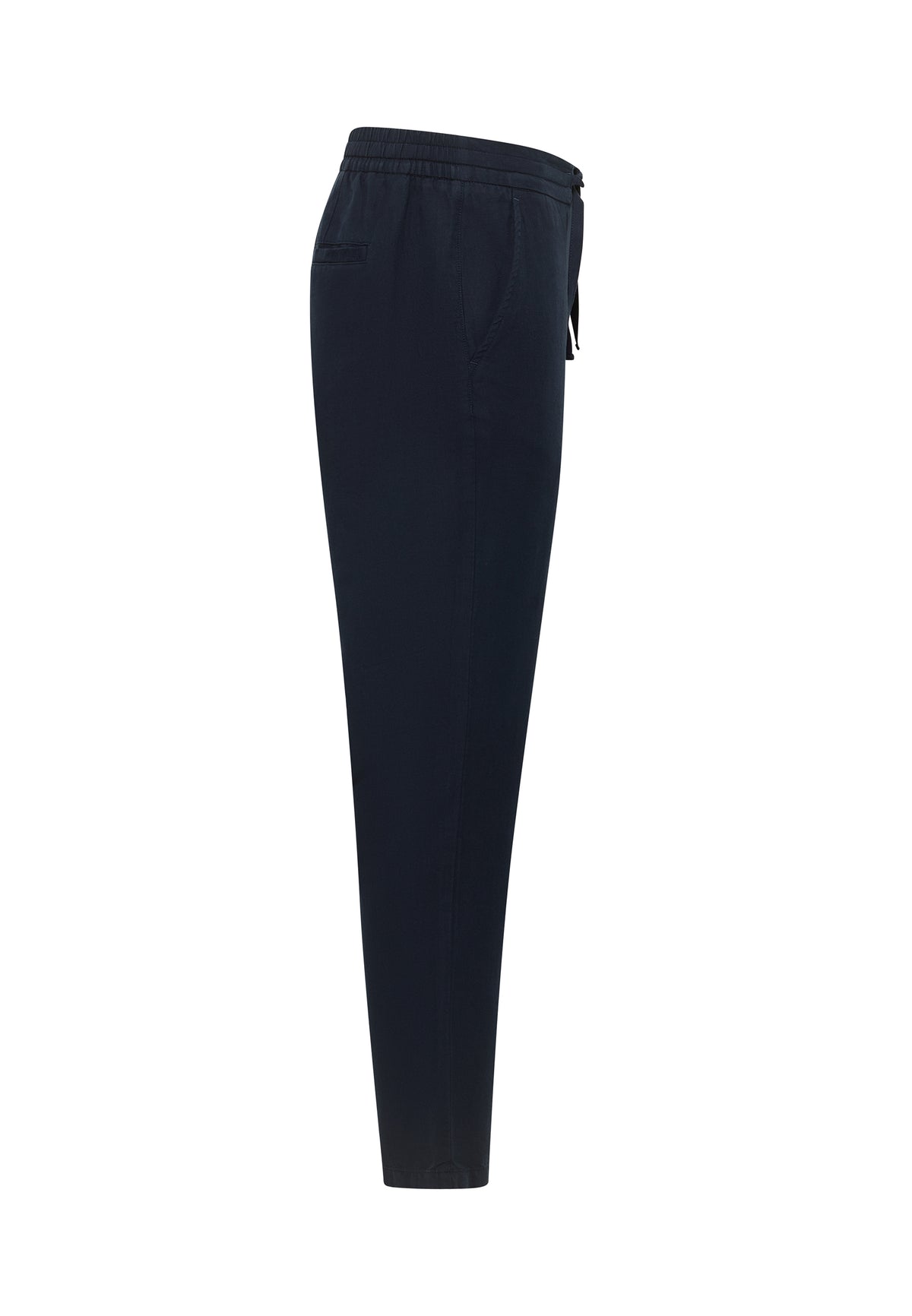 Pantaloni Milano Linen Jogger bleumarin, lateral, buzunar oblic și croi conic spre gleznă