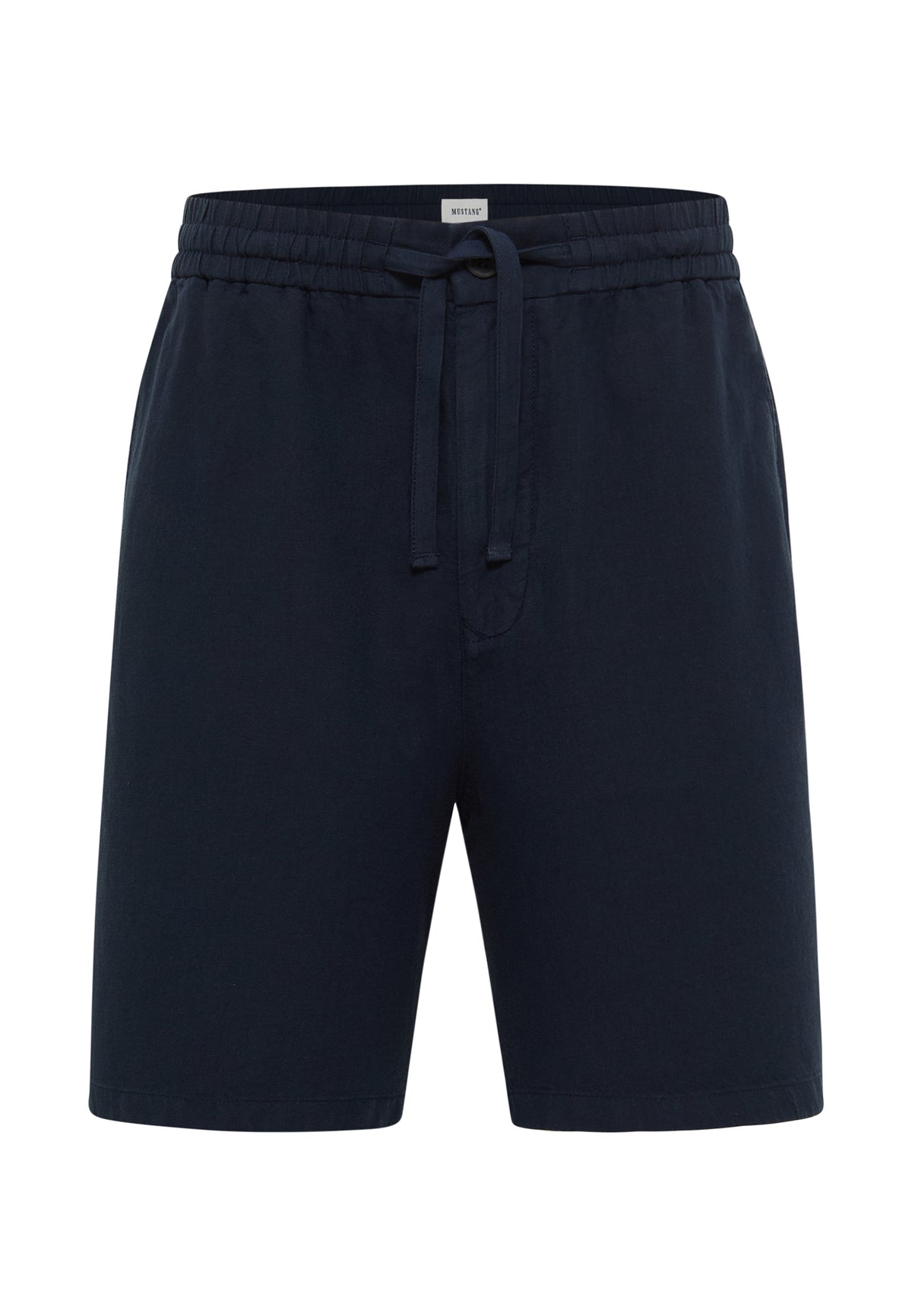 Bermude Largi Linen Jogger bleumarin, față, fotografiate pe suport, betelie elastică cu șnur de ajustare