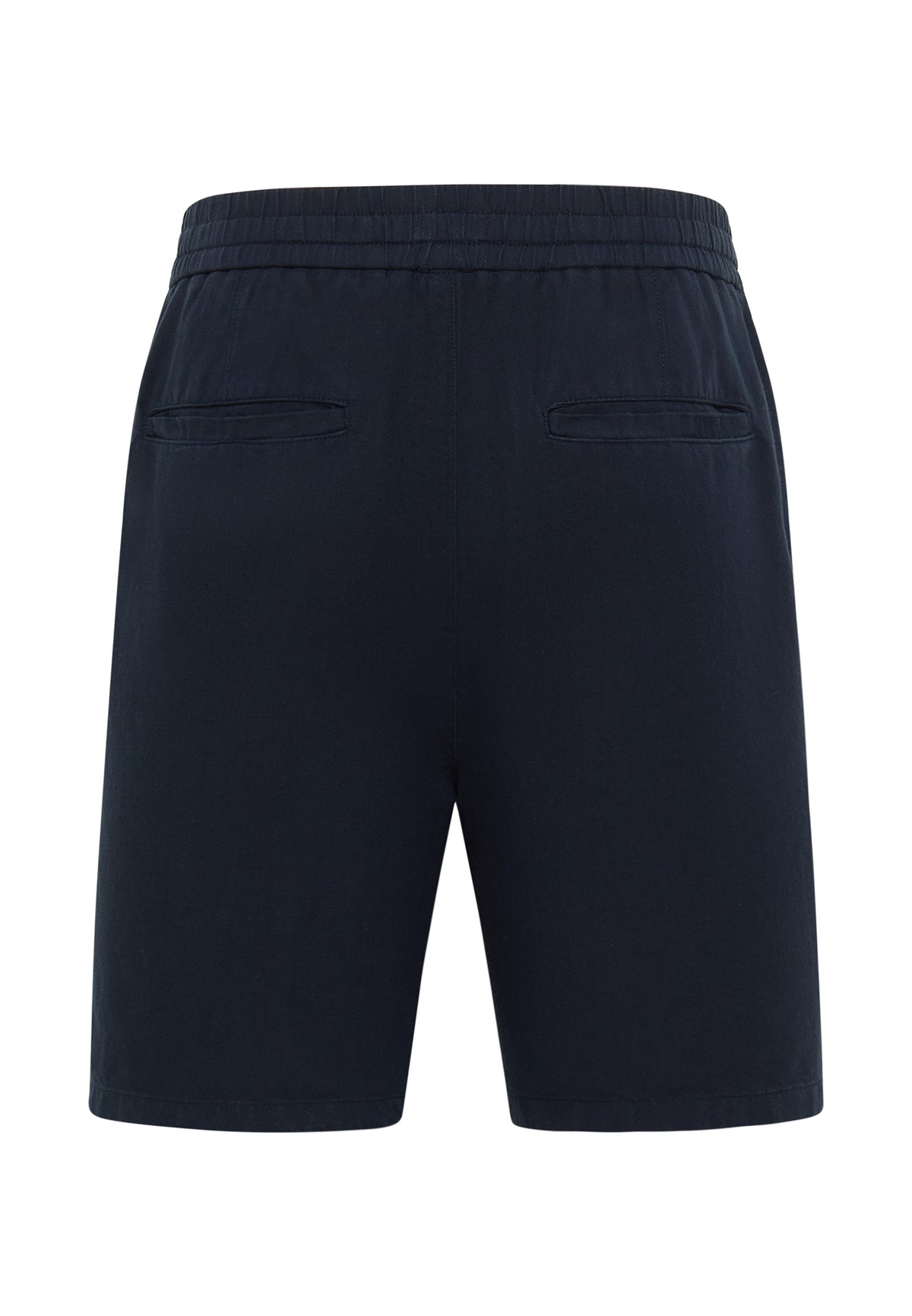 Bermude Largi Linen Jogger bleumarin, spate, fotografiate pe suport, două buzunare spate cu fantă