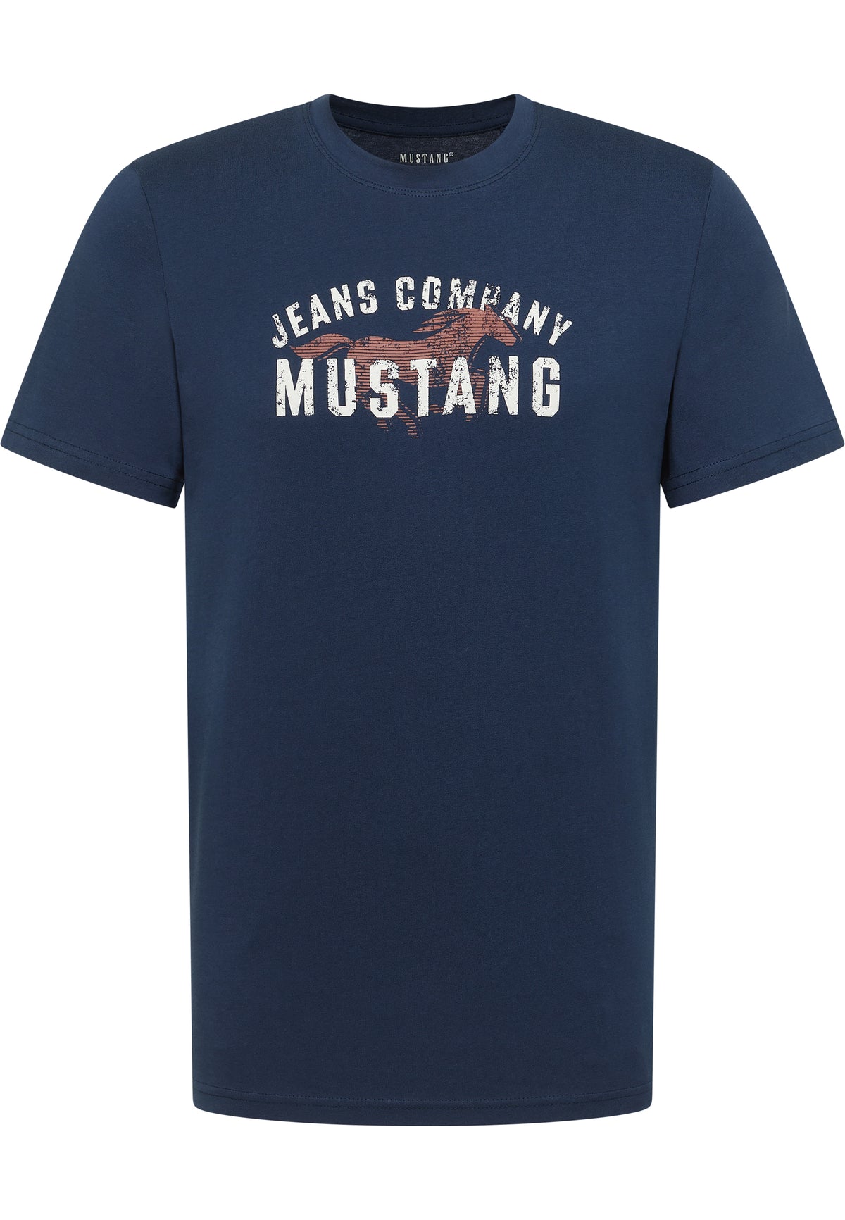Tricou Austin albastru marin, față, imprimeu „Jeans Company Mustang” cu silueta unui cal în nuanțe de teracotă