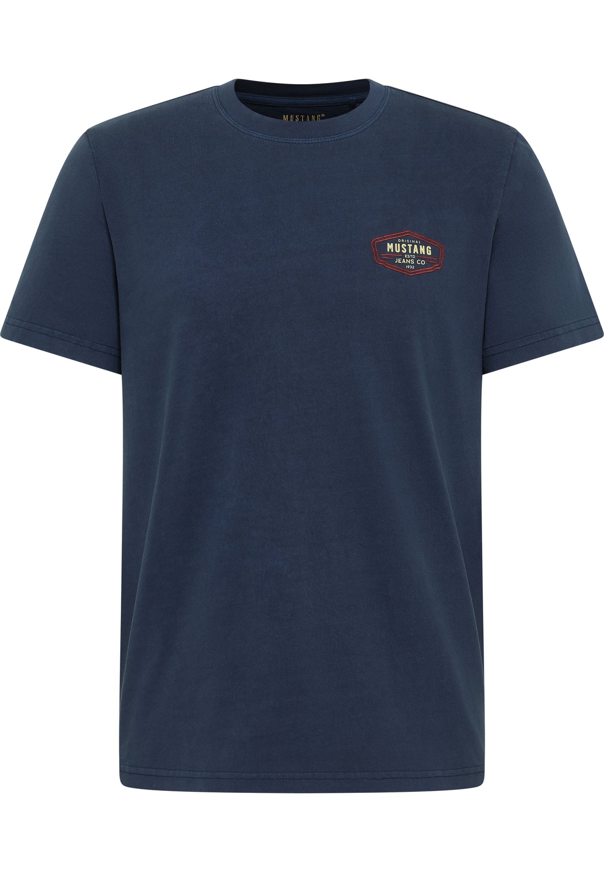 Tricou Austin albastru marin, față, vedere de ansamblu cu emblemă Mustang Jeans Co pe piept