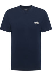 Tricou Austin albastru bleumarin, față, plan general, imprimeu mic cu siluetă de cal și textul Mustang pe piept