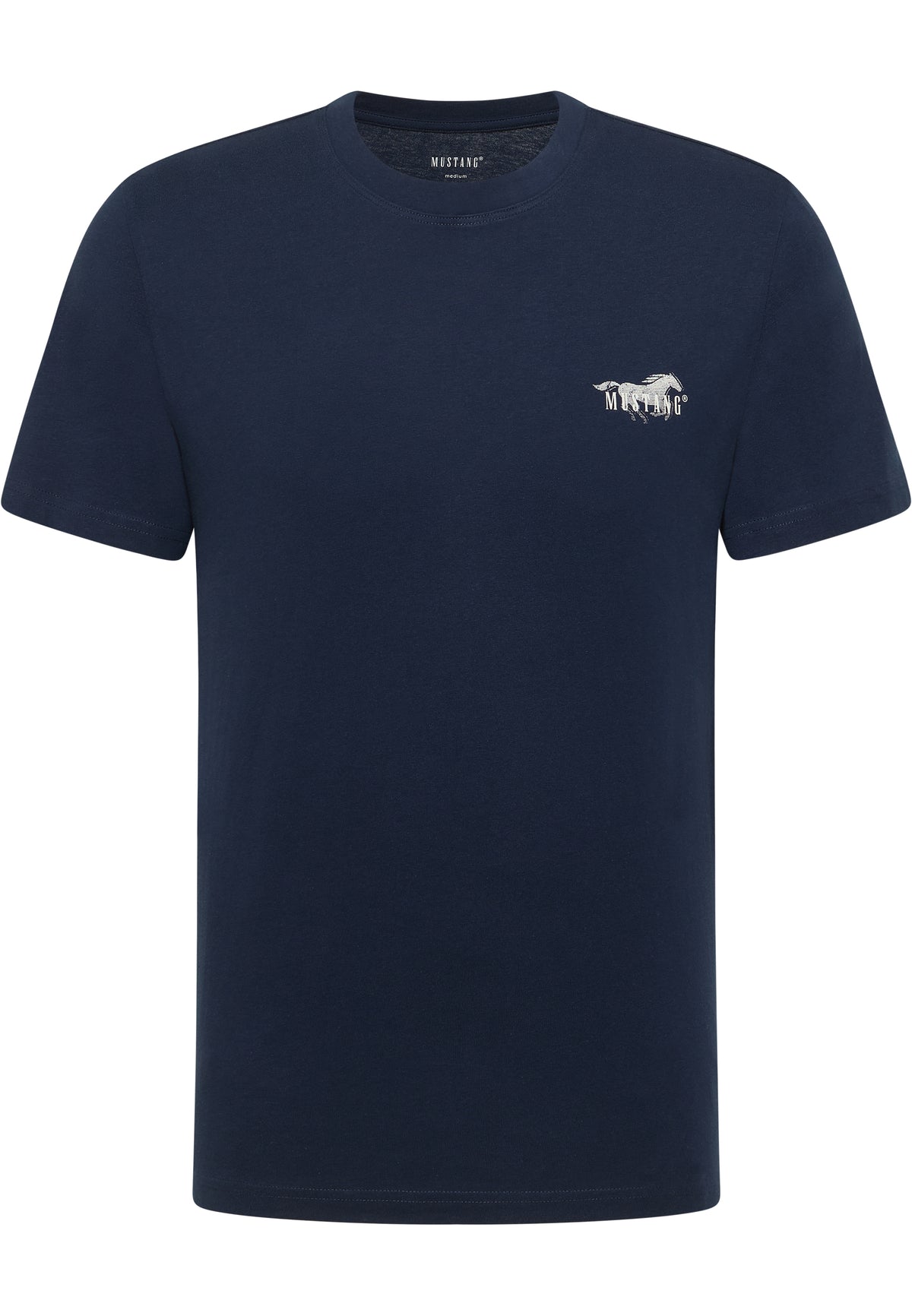 Tricou Austin albastru bleumarin, față, plan general, imprimeu mic cu siluetă de cal și textul Mustang pe piept