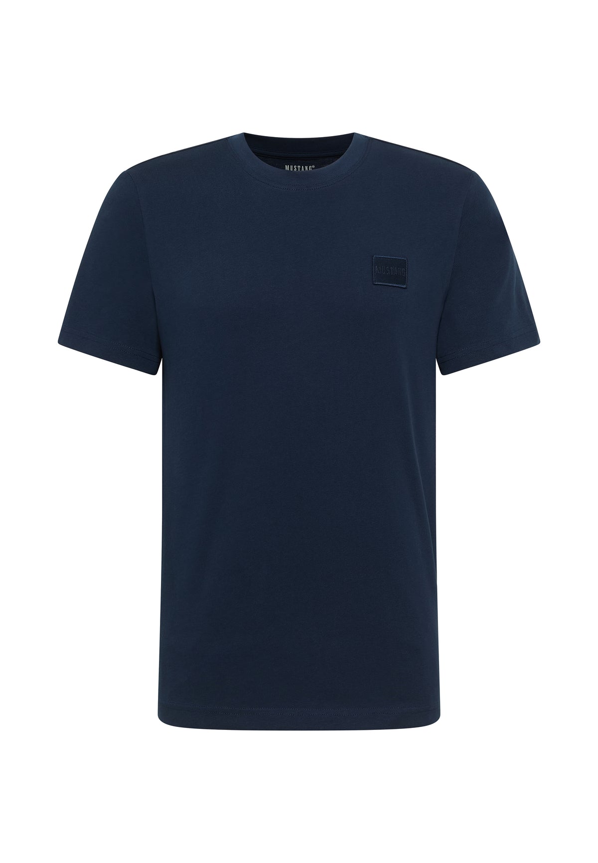 Tricou Austin albastru marin, față, petic dreptunghiular ton pe ton cu inscripția Mustang pe piept
