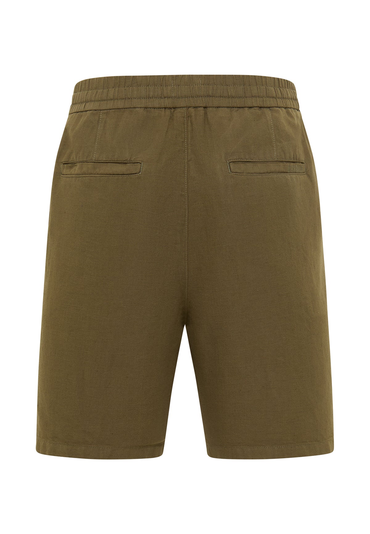 Bermude Largi Linen Jogger verde kaki, spate, fotografiate pe suport, două buzunare spate cu fantă