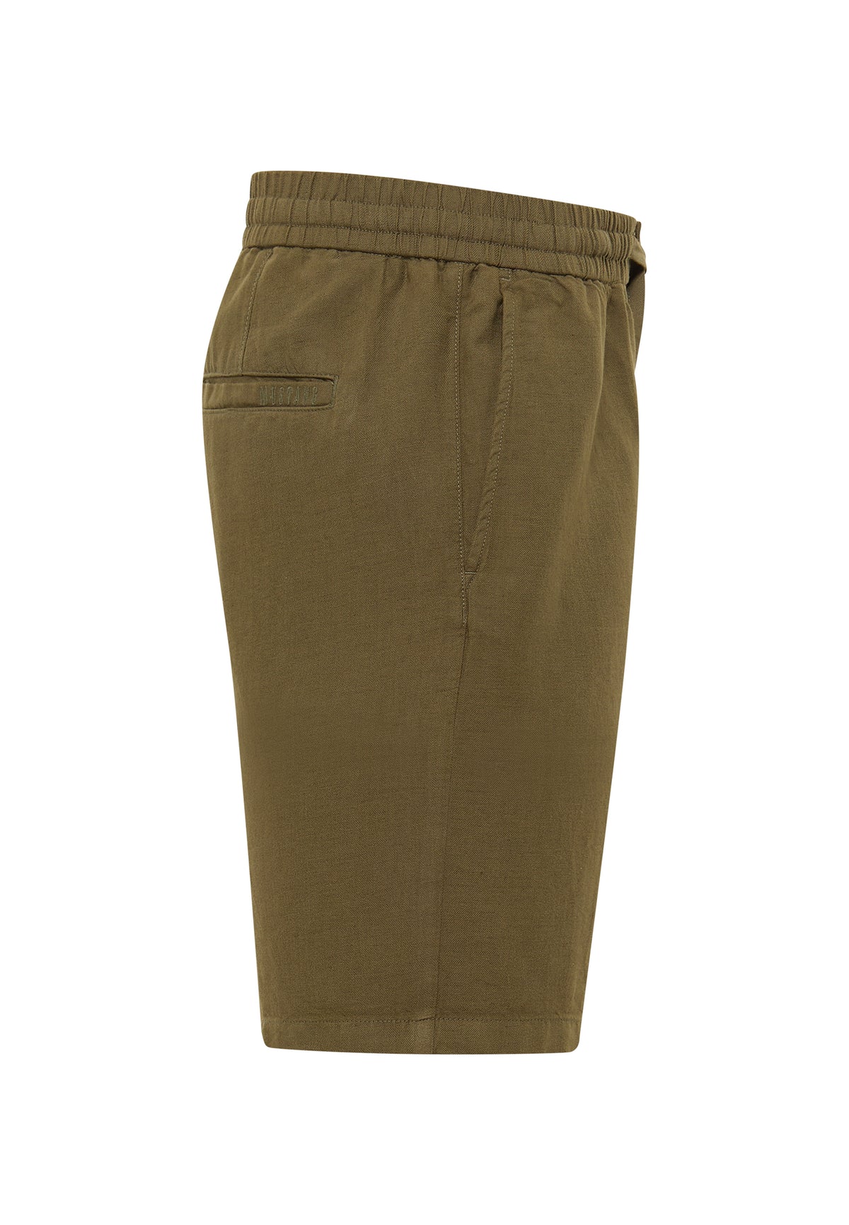 Bermude Largi Linen Jogger verde kaki, lateral, buzunar spate cu etichetă „MUSTANG" ton pe ton