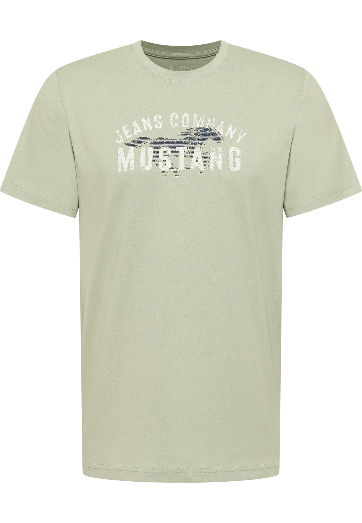 Tricou Austin verde deschis, față, imprimeu „Jeans Company Mustang” cu silueta unui cal albastru închis