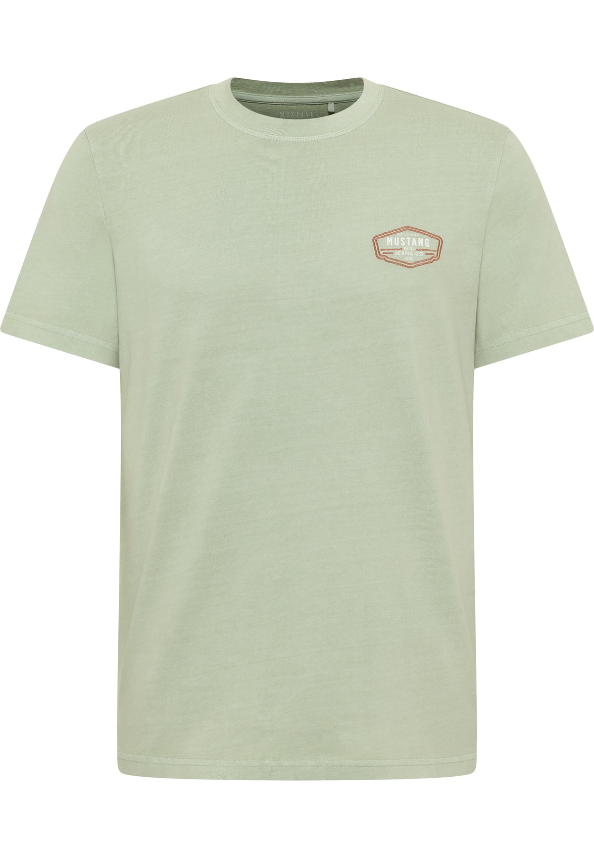 Tricou Austin verde mentă, față, vedere de ansamblu cu emblemă Mustang Jeans Co pe piept