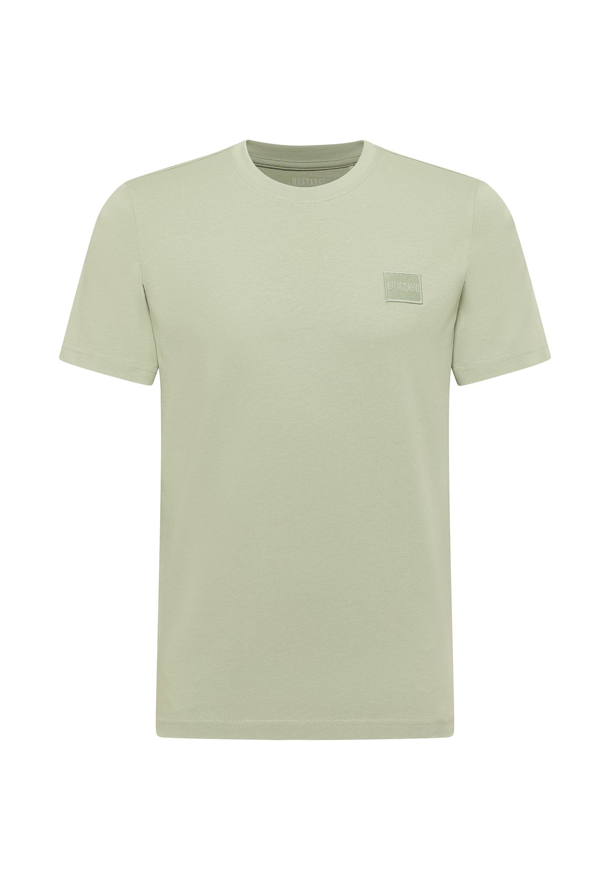 Tricou Austin verde pal, față, petic dreptunghiular ton pe ton cu inscripția Mustang pe piept