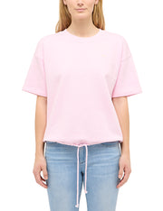 Tricou Relaxed Beatriz roz deschis, față, purtat de model, șnur cu fundă la bază