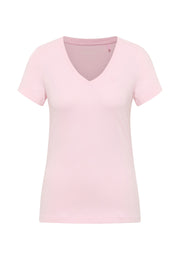 Tricou Beverly roz, față, guler în V cu logo cal brodat pe piept, fără model