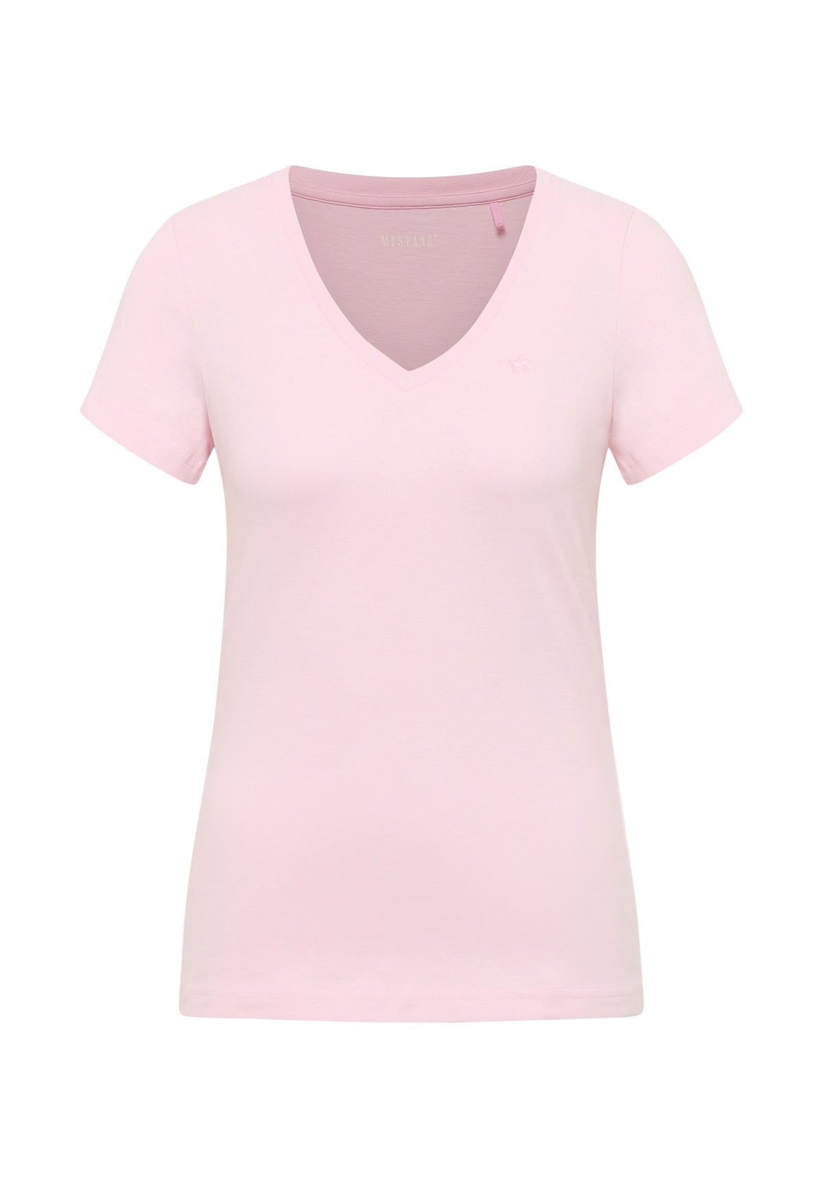 Tricou Beverly roz, față, guler în V cu logo cal brodat pe piept, fără model