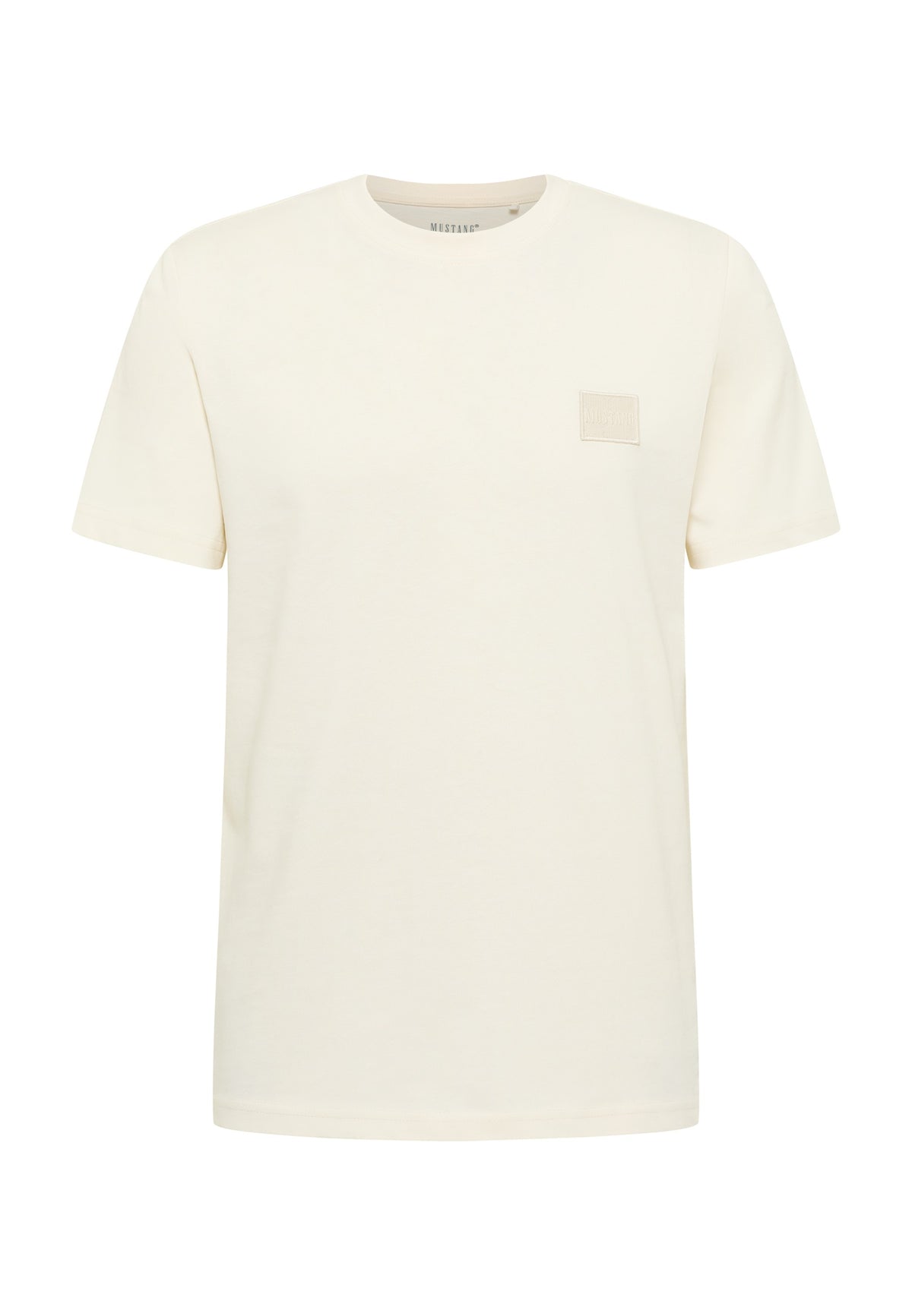 Tricou Austin alb crem, față, petic tonal cu inscripția Mustang pe piept