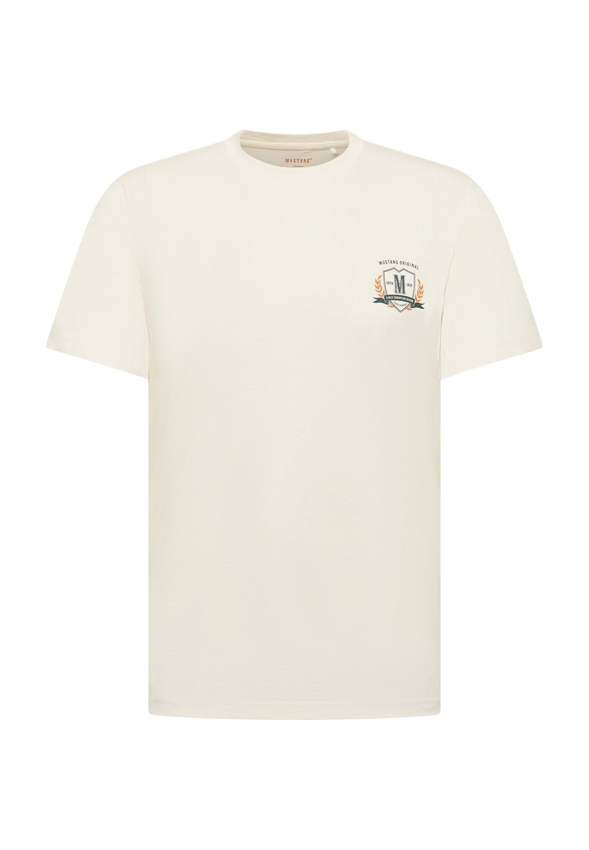 Tricou Austin alb, față, imprimeu mic pe piept cu blazon și textul First European Denim