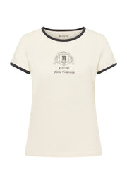 Tricou Loa alb, față, bordură întunecată la gât și mâneci, imprimeu mic cu blazon pe piept