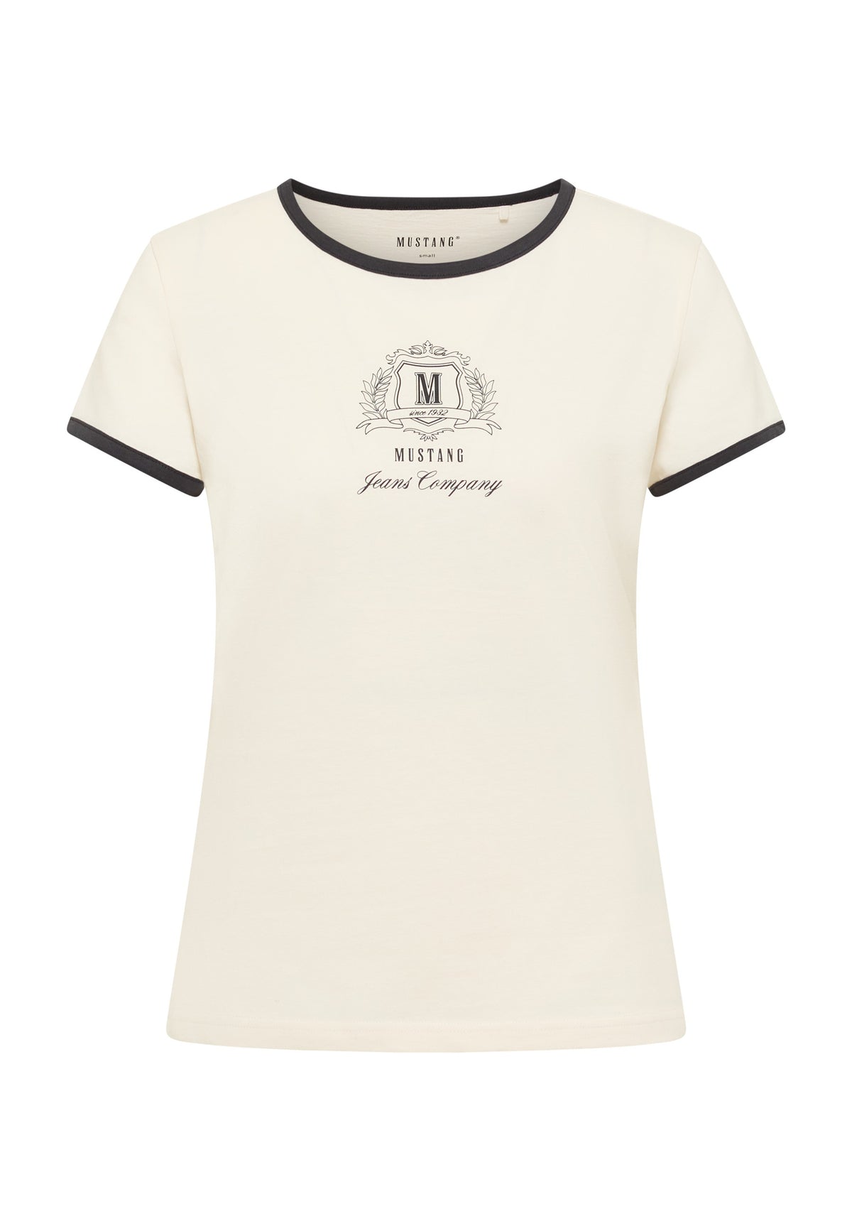 Tricou Loa alb, față, bordură întunecată la gât și mâneci, imprimeu mic cu blazon pe piept