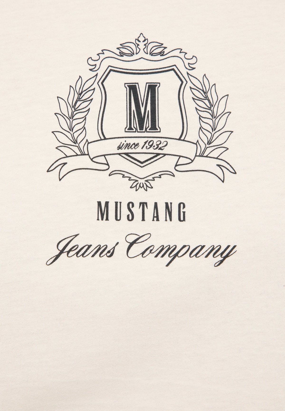 Tricou Loa alb, detaliu, imprimeu pe piept cu blazon, ramuri de laur, panglică since 1932 și textul Jeans Company