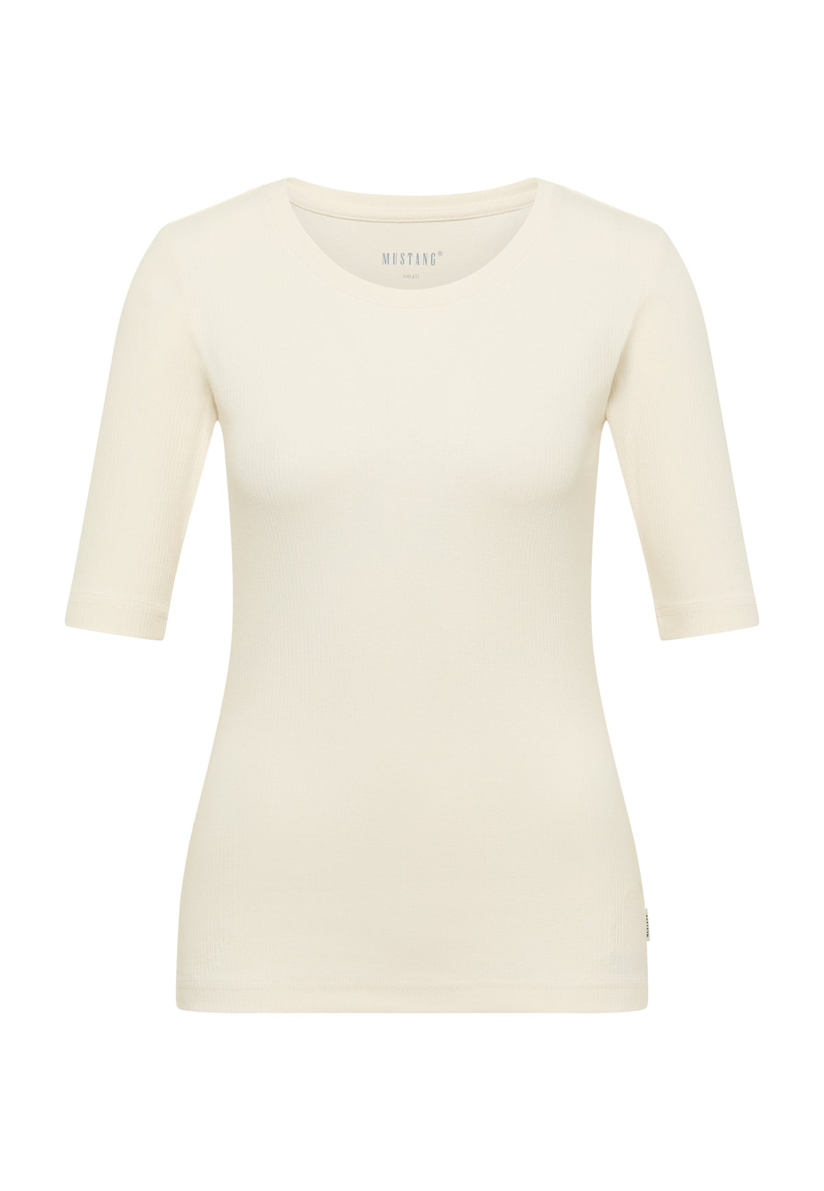 Tricou Avery alb crem, față, croi mulat cu decolteu rotund larg