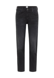 Blugi Denver gri, față, croi conic, cinci buzunare, nasture metalic și decolorări ușoare