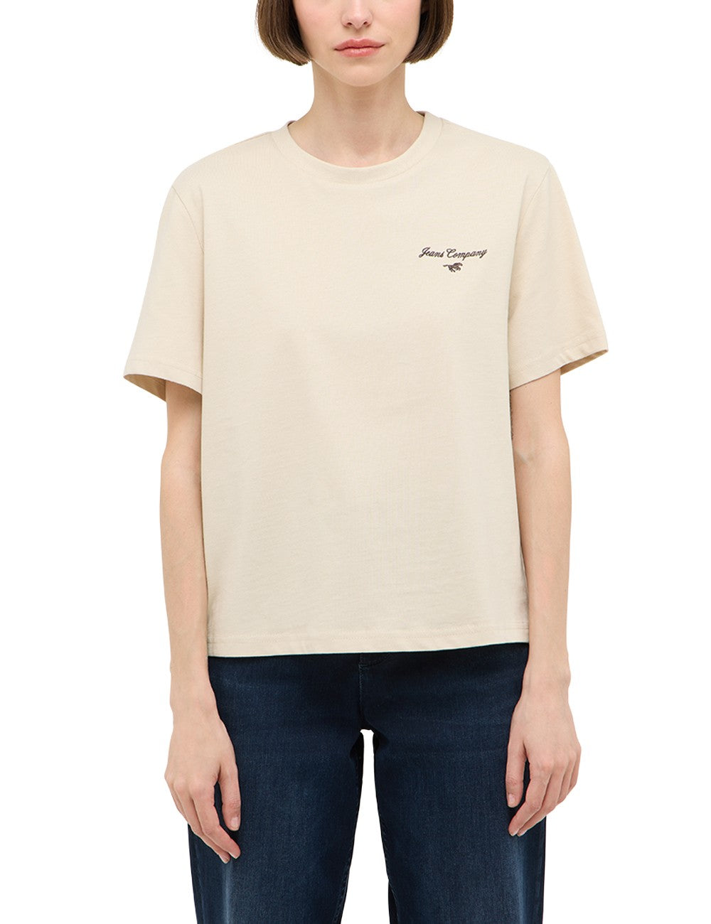 Tricou Monroe bej, față, purtat cu blugi albaștri