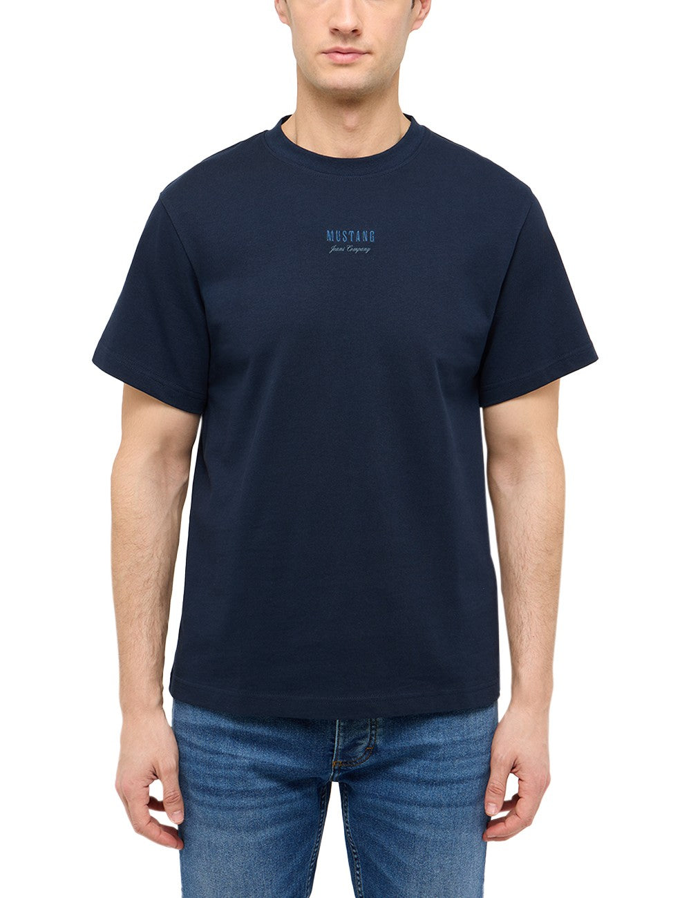 Tricou Akron albastru închis, față, logo brodat pe piept
