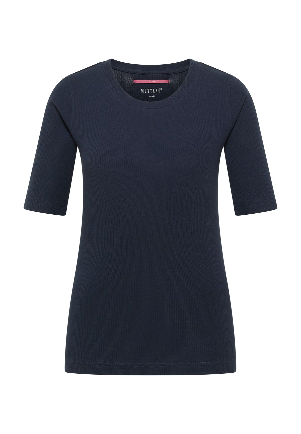 Tricou Avery albastru închis, față, croi mulat cu decolteu rotund larg