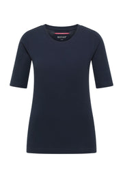 Tricou Avery albastru închis, față, croi mulat cu decolteu rotund larg