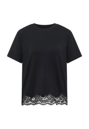 Tricou Floris negru, față, tiv cu dantelă florală și siglă brodată pe piept