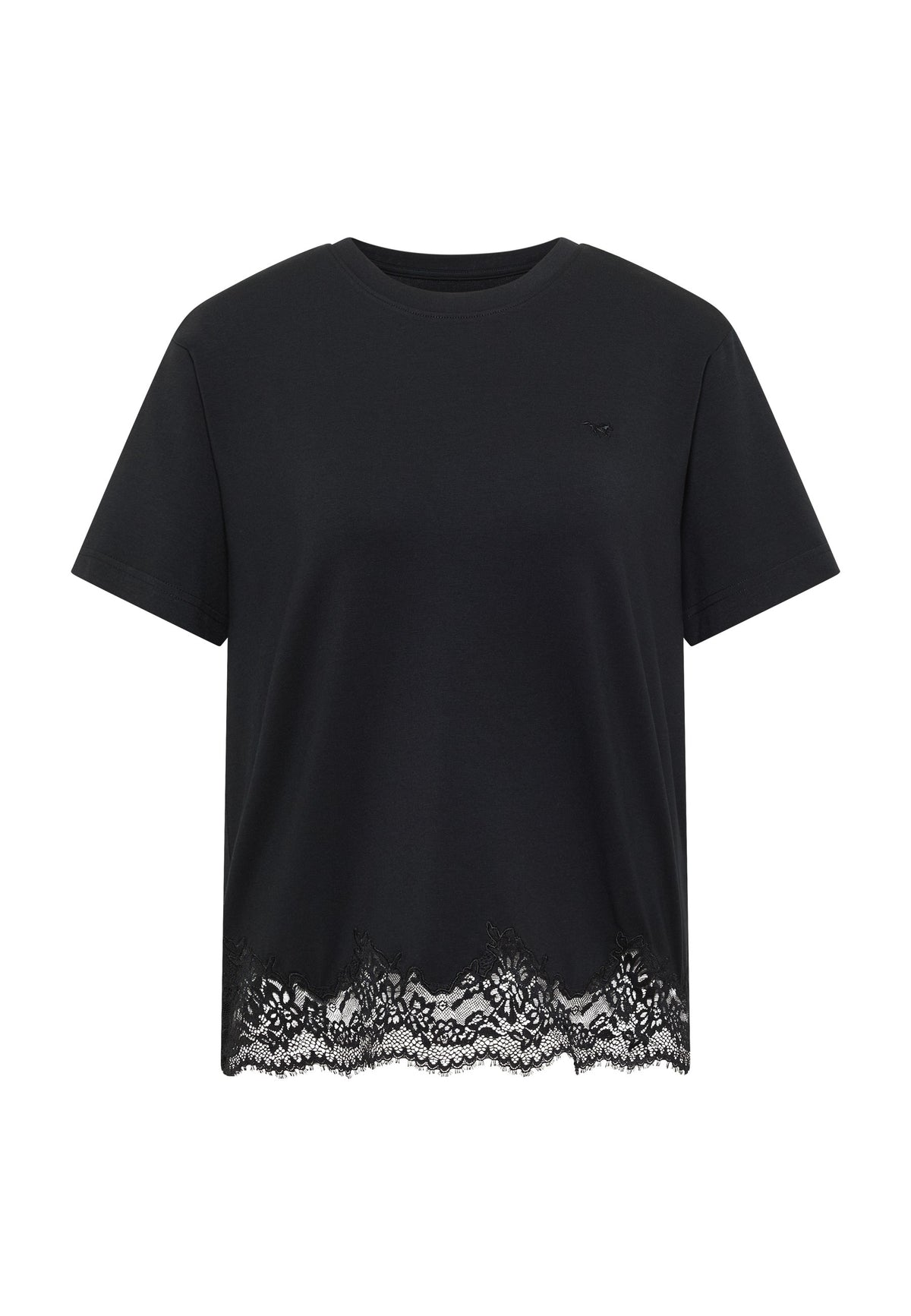 Tricou Floris negru, față, tiv cu dantelă florală și siglă brodată pe piept
