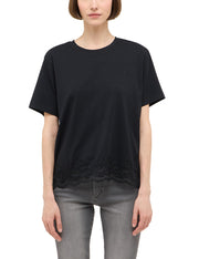 Tricou Floris negru, față, mânecă scurtă și tiv cu dantelă la bază