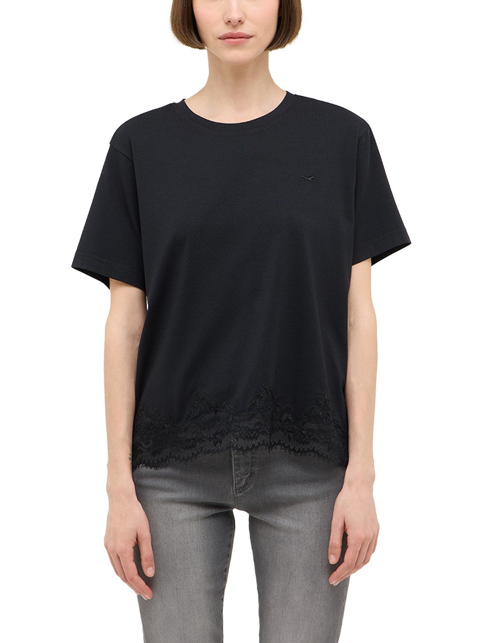 Tricou Floris negru, față, mânecă scurtă și tiv cu dantelă la bază