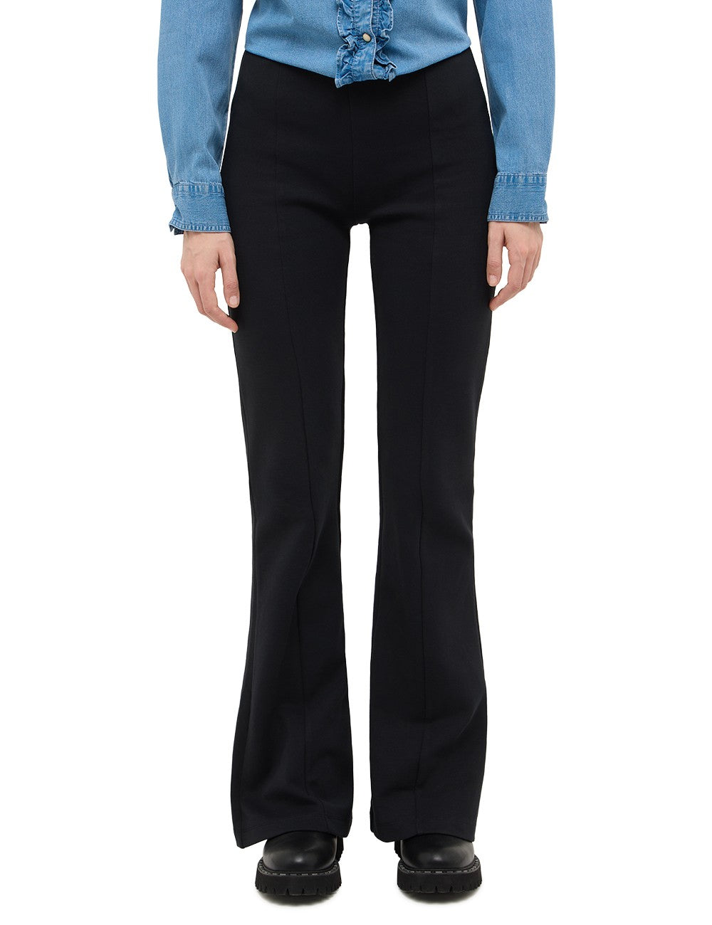 Pantaloni Healy negru, față, croială evazată, cusătură verticală centrală