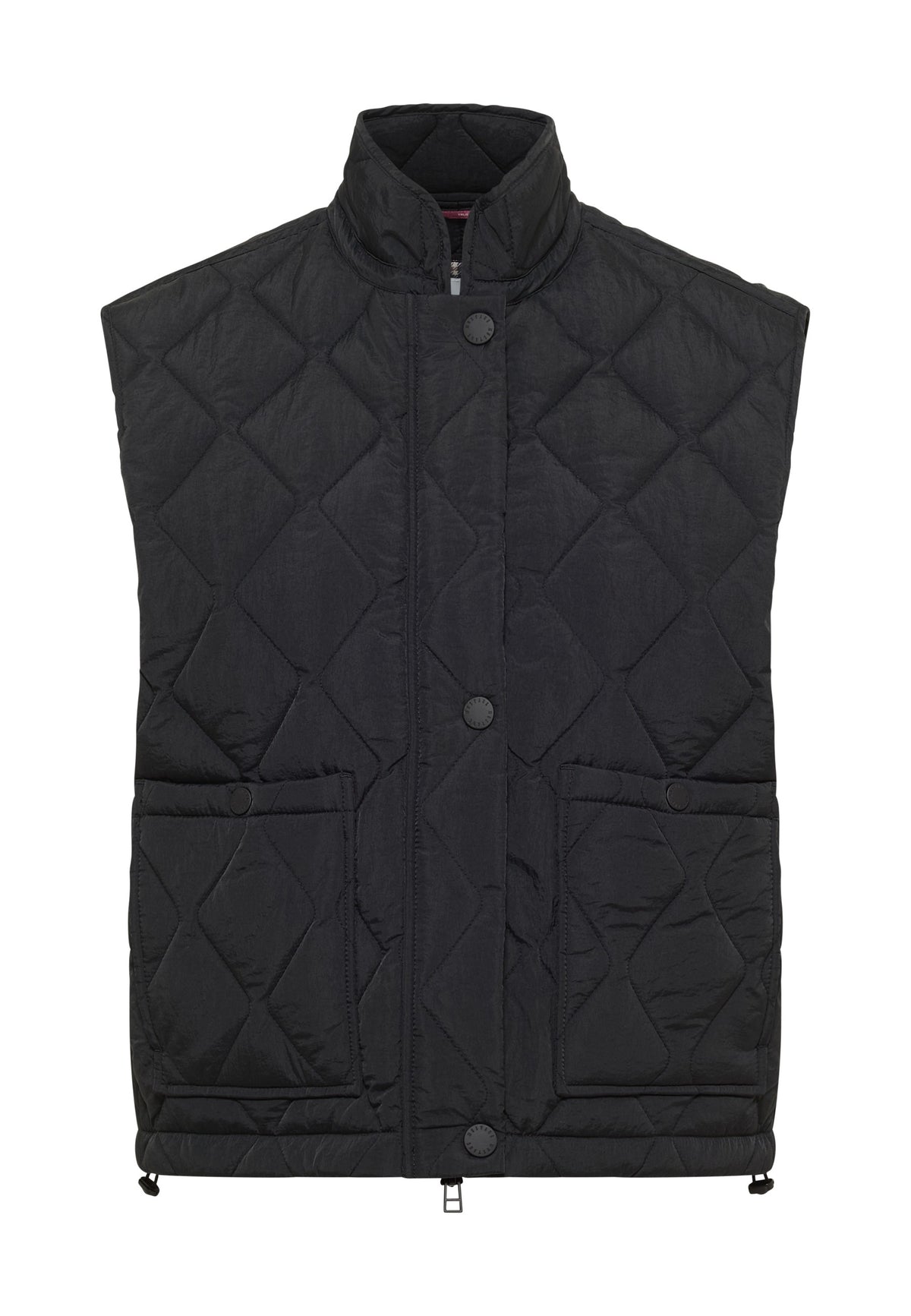 Vestă Brush negru, față, matlasată în romburi cu guler înalt și două buzunare cu clapetă