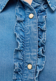 Cămașă Sedana albastru, detaliu, volănaș din denim și nasturi capsă metalici