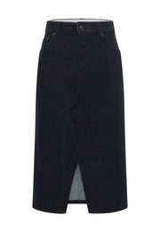 Fustă Eureka Denim albastru închis, față, cusătură centrală și crăpătură frontală jos