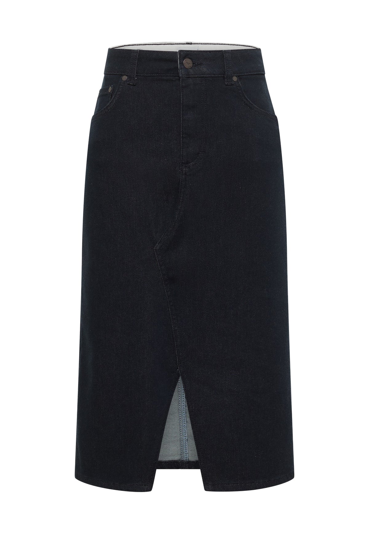 Fustă Eureka Denim albastru închis, față, cusătură centrală și crăpătură frontală jos