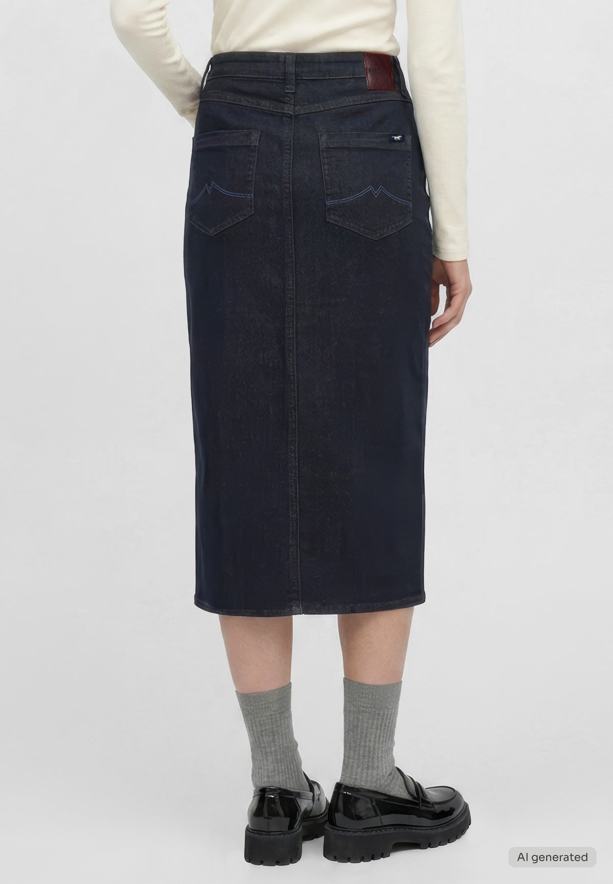 Fustă Eureka Denim albastru închis, spate, două buzunare cu cusătură în formă de M și etichetă din piele