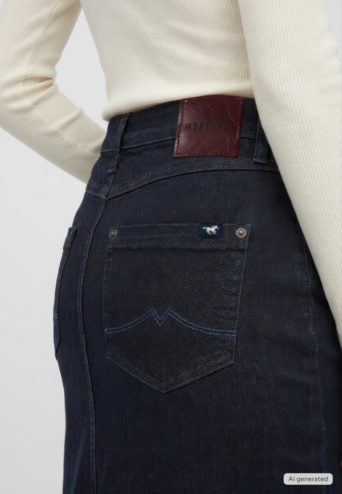 Fustă Eureka Denim albastru închis, detaliu, textura țesăturii denim